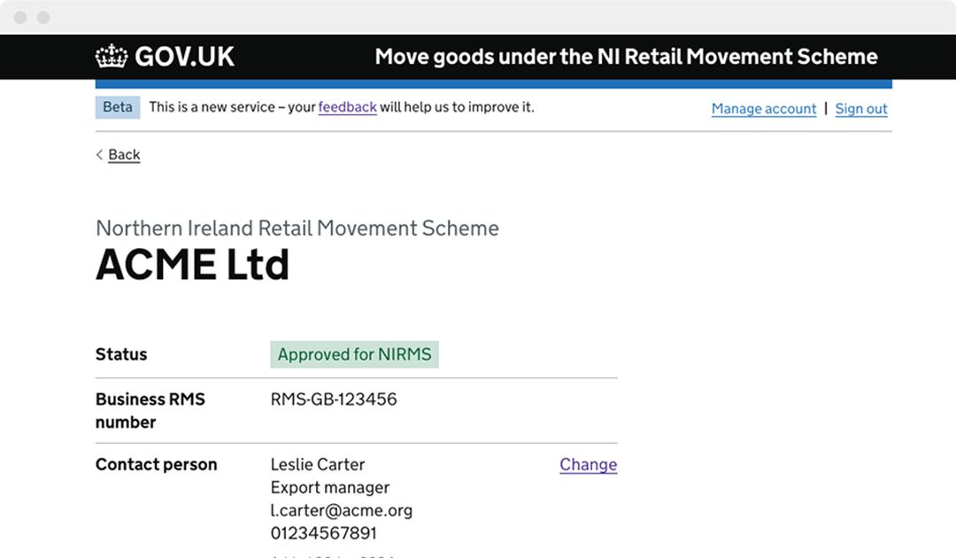 Screenshot of the NIRMS account management dashboard